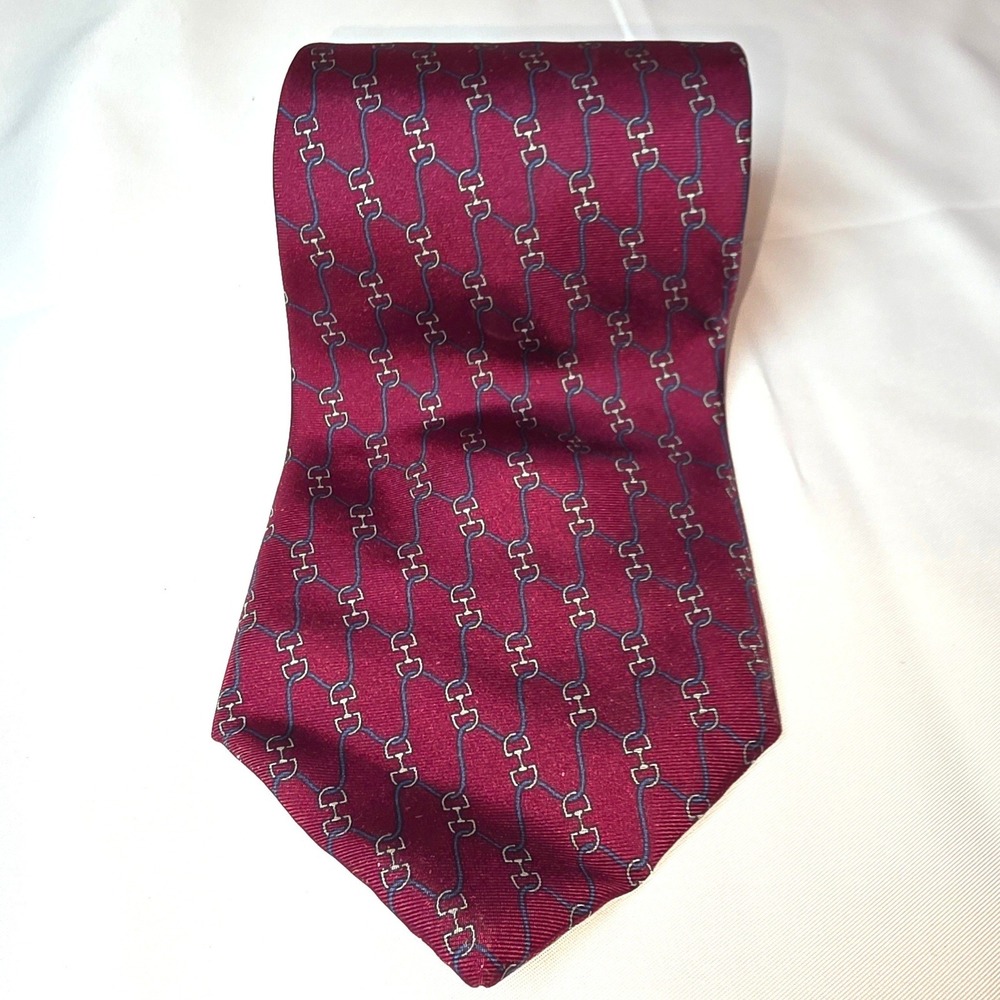 Vtg Bert Pulitzer Mens Silk Tie Burgundy Equestrian Horse Bit Chain Made‎ in USA